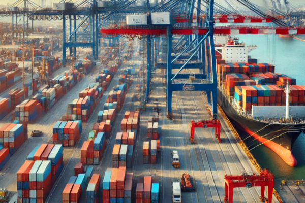 A bustling port with container ships docked at the harbor