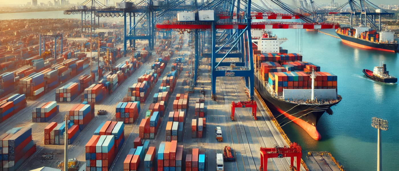 A bustling port with container ships docked at the harbor