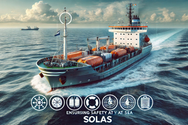 A highly detailed image representing maritime safety featuring a modern cargo ship at sea equipped with various safety measures