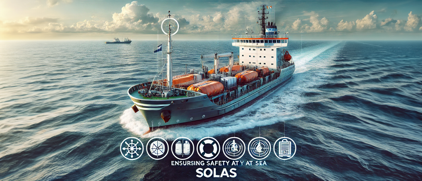 A highly detailed image representing maritime safety featuring a modern cargo ship at sea equipped with various safety measures