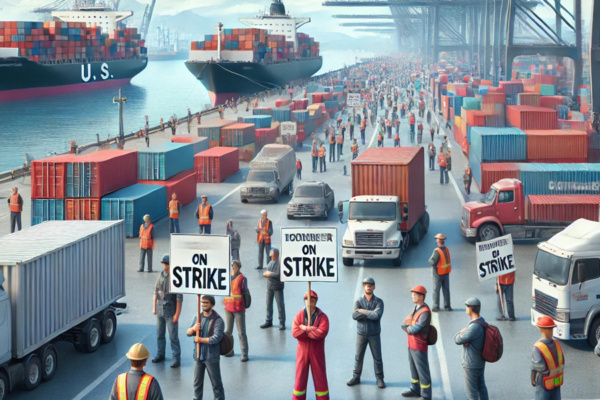 A realistic illustration showing a busy US seaport with containers stacked high, dockworkers on strike holding signs, and cargo ships waiting