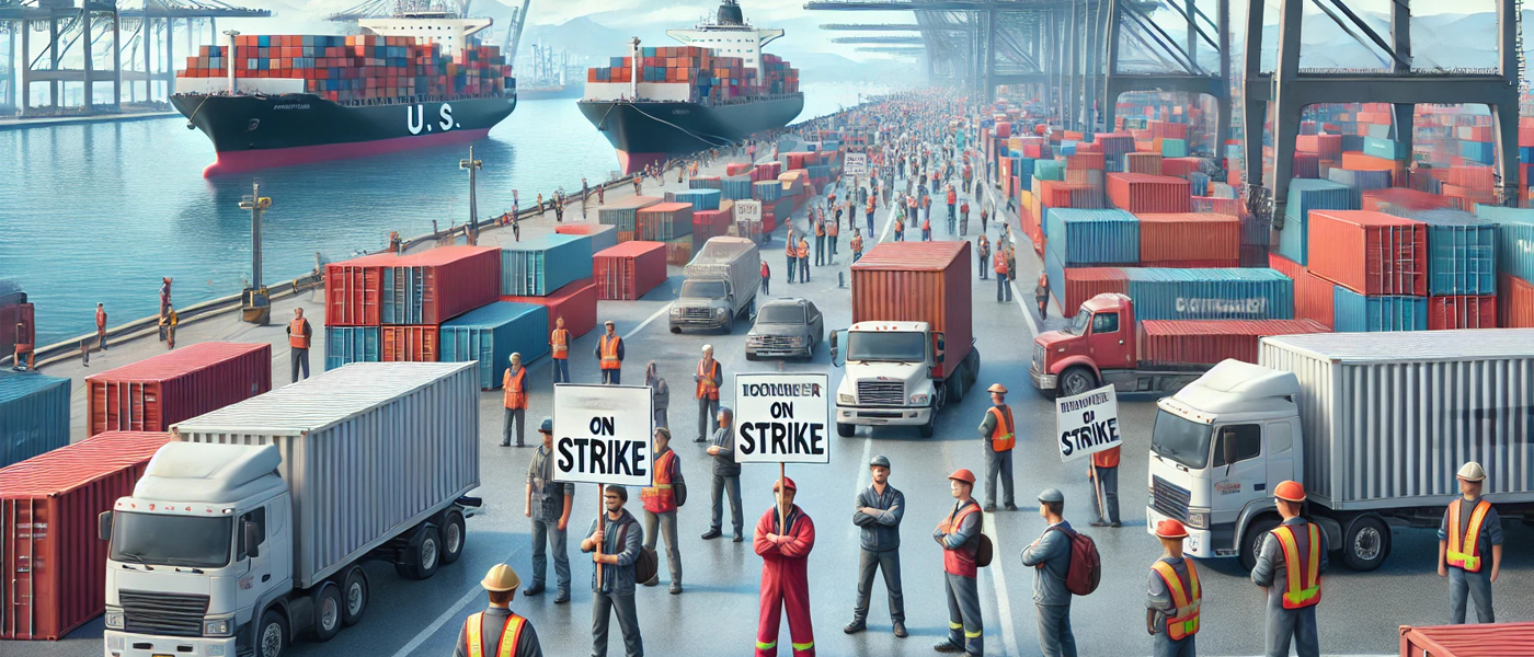 A realistic illustration showing a busy US seaport with containers stacked high, dockworkers on strike holding signs, and cargo ships waiting