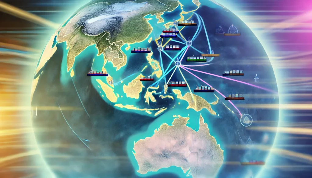 A dynamic map illustration showing the trade routes between Australia, Southeast Asia, and the Indian Subcontinent. The map features major ports