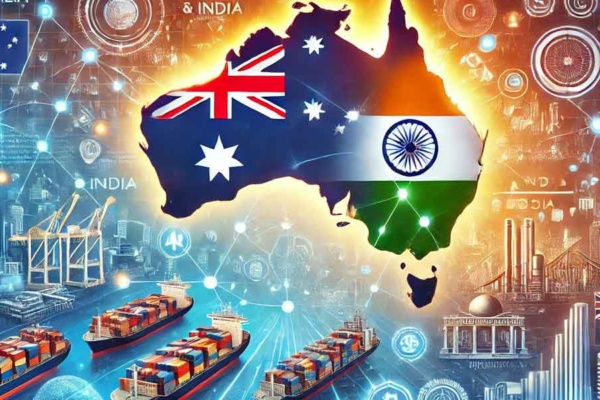 A visual representation of Australia and India trade partnership negotiations showcasing key elements of trade agreements such as economic growth