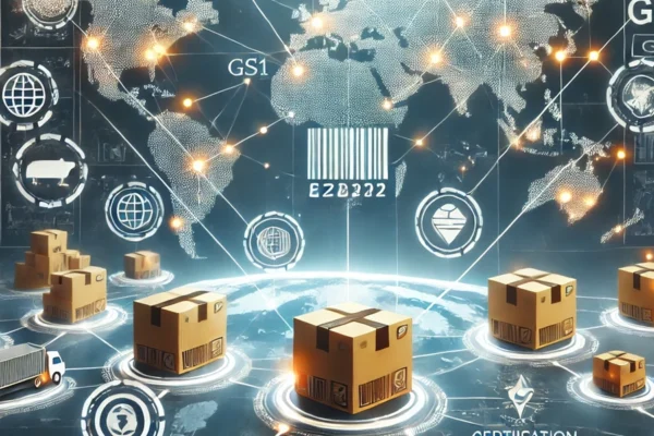 DALL·E 2024-10-25 13.48.08 - A clear and detailed illustration of EDI and logistics, focusing on the Serial Shipping Container Code (SSCC) and GTIN. The image should feature a war