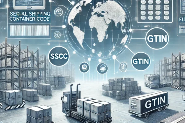 DALL·E 2024-10-25 13.48.08 - A clear and detailed illustration of EDI and logistics, focusing on the Serial Shipping Container Code (SSCC) and GTIN. The image should feature a war