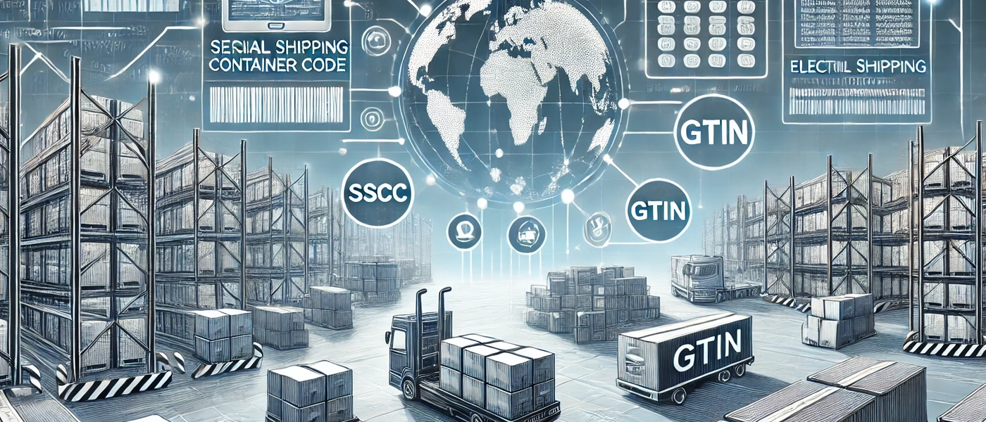 DALL·E 2024-10-25 13.48.08 - A clear and detailed illustration of EDI and logistics, focusing on the Serial Shipping Container Code (SSCC) and GTIN. The image should feature a war